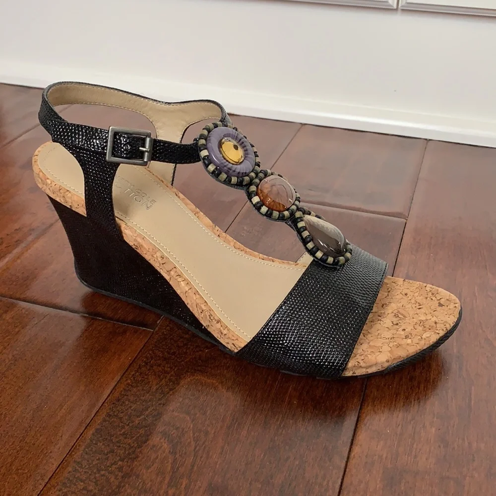 KENNETH COLE REACTION Black Snake Print Cork Wedges